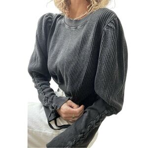 Free People FP One Tasha Waffle Knit Long Lace Up Sleeve in Charcoal Medium